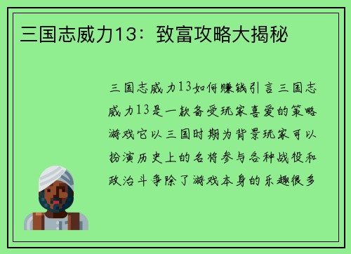 三国志威力13：致富攻略大揭秘