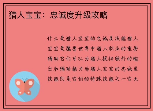 猎人宝宝：忠诚度升级攻略