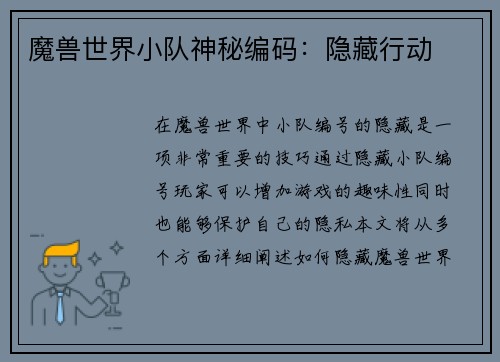 魔兽世界小队神秘编码：隐藏行动